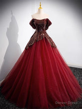 A-Line Off Shoulder Tulle Sequin Burgundy Long Prom Dress, Burgundy Evening Dress